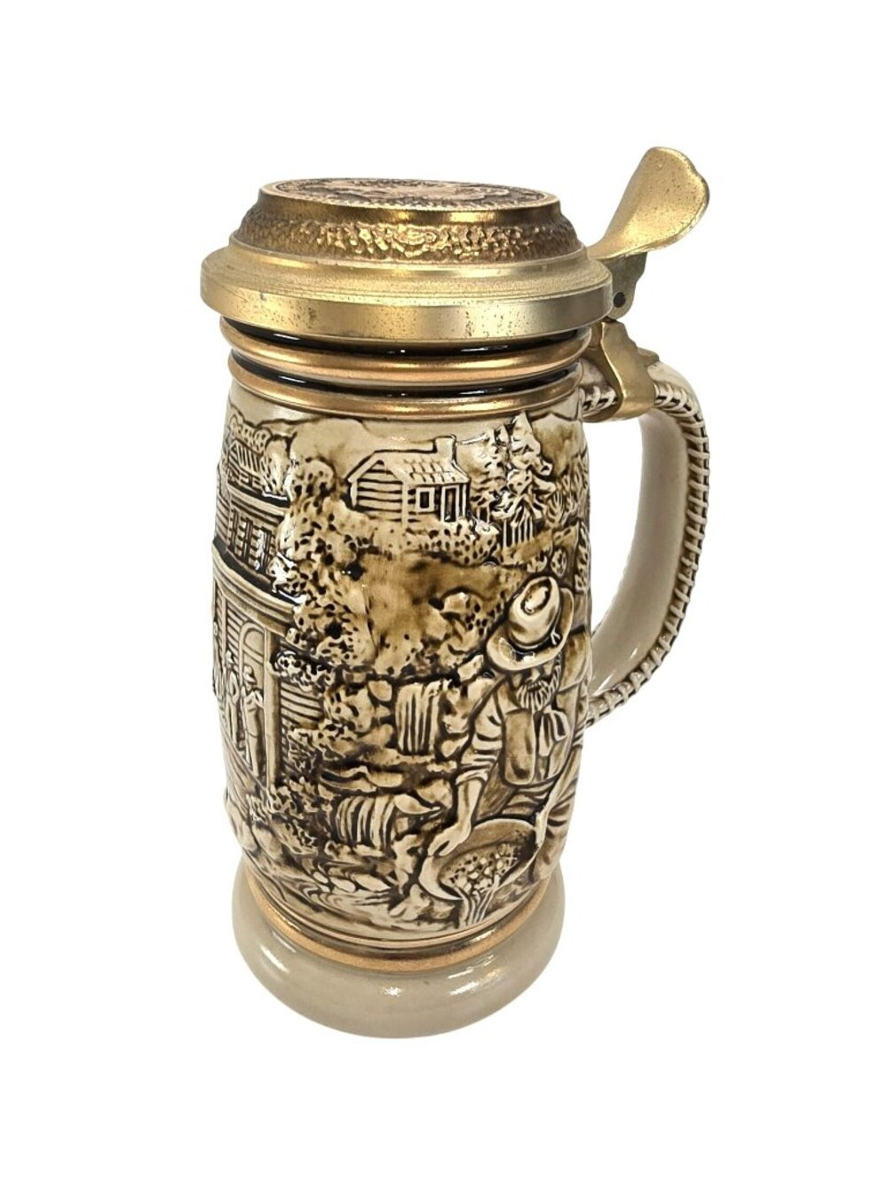 The Gold Rush Avon Ceramic Beer Stein With Brass Lid 9"  1987 JE379